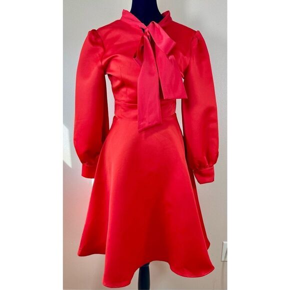 NWOT Ivy City Co Pipa Holiday Red Bow Tie Collar Fit & Flare Women's Dress XXS - Picture 4 of 14